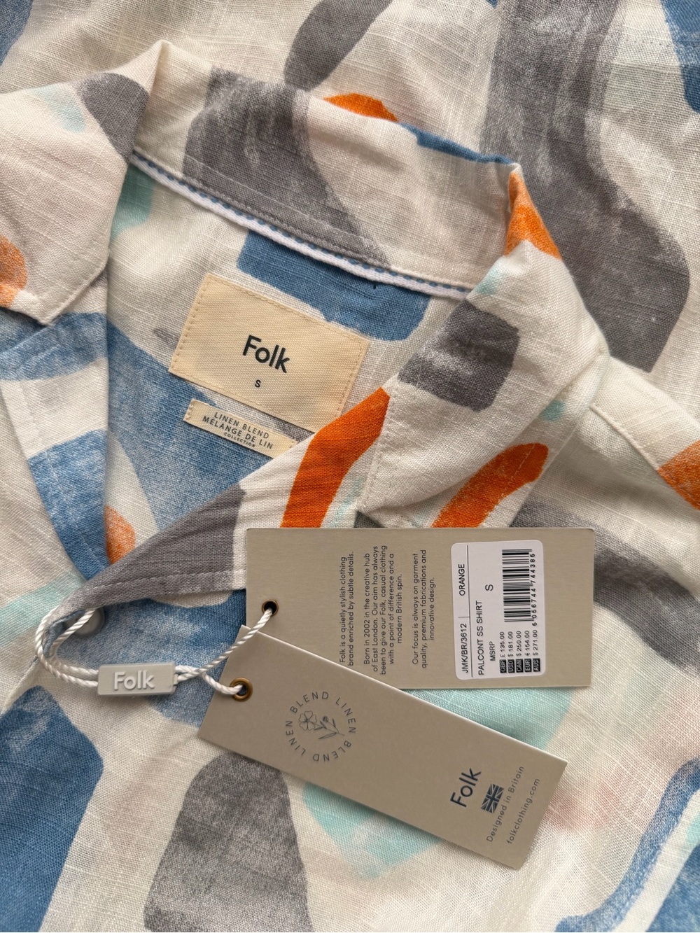 Folk Men's Button-Down Shirt in Blue, Orange, Gray and Cream Abstract Print